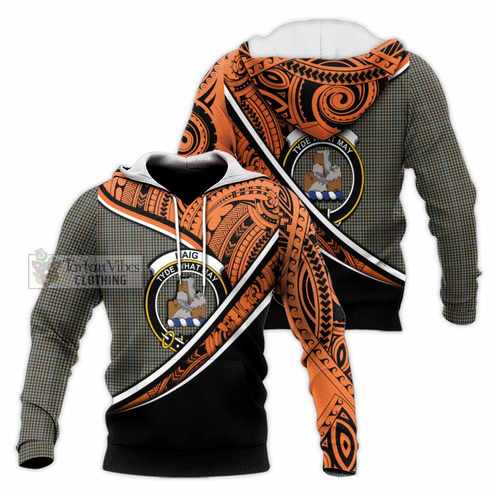 Tartan Vibes Clothing Haig Crest Tartan Knitted Hoodie with Maori Tattoo Style - Orange Version