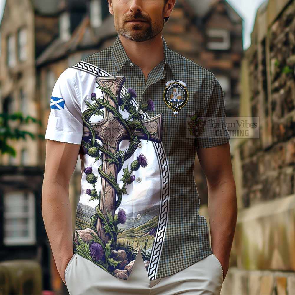 Tartan Vibes Clothing Haig Tartan Short Sleeve Button Shirt with Family Crest and St. Andrew's Cross Accented by Thistle Vines