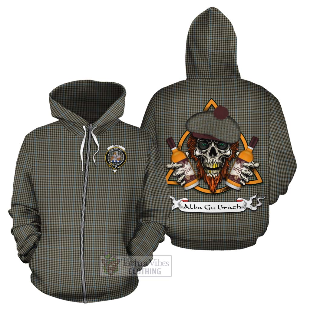 Tartan Vibes Clothing Haig Tartan Cotton Hoodie with Family Crest and Bearded Skull Holding Bottles of Whiskey