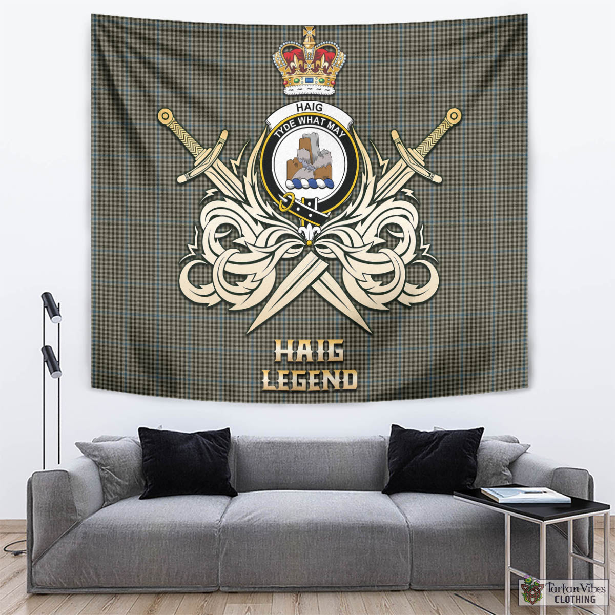 Tartan Vibes Clothing Haig Tartan Tapestry with Clan Crest and the Golden Sword of Courageous Legacy