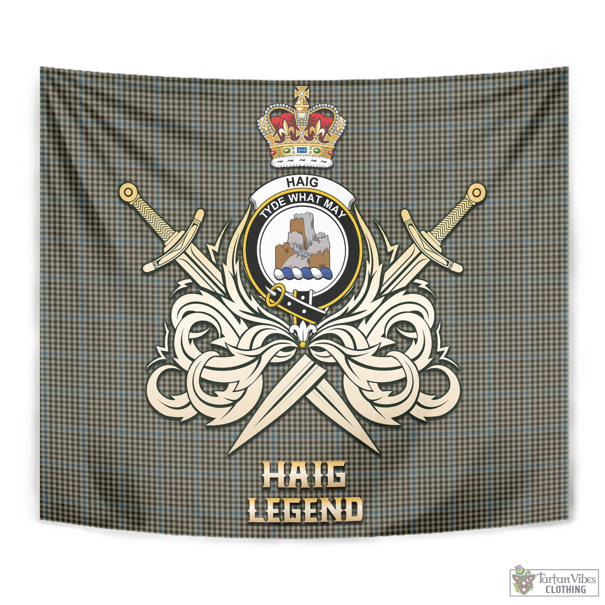 Tartan Vibes Clothing Haig Tartan Tapestry with Clan Crest and the Golden Sword of Courageous Legacy