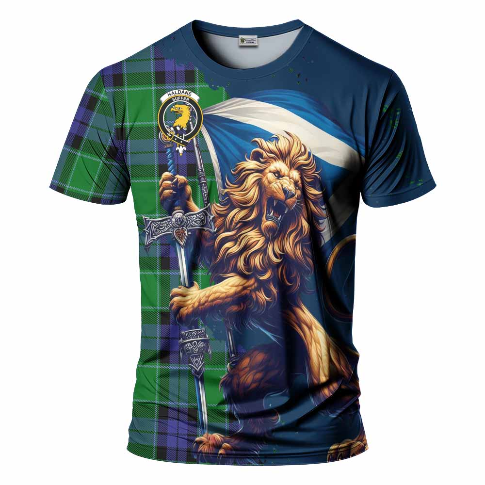 Tartan Vibes Clothing Haldane Tartan Family Crest T-Shirt with Scottish Majestic Lion