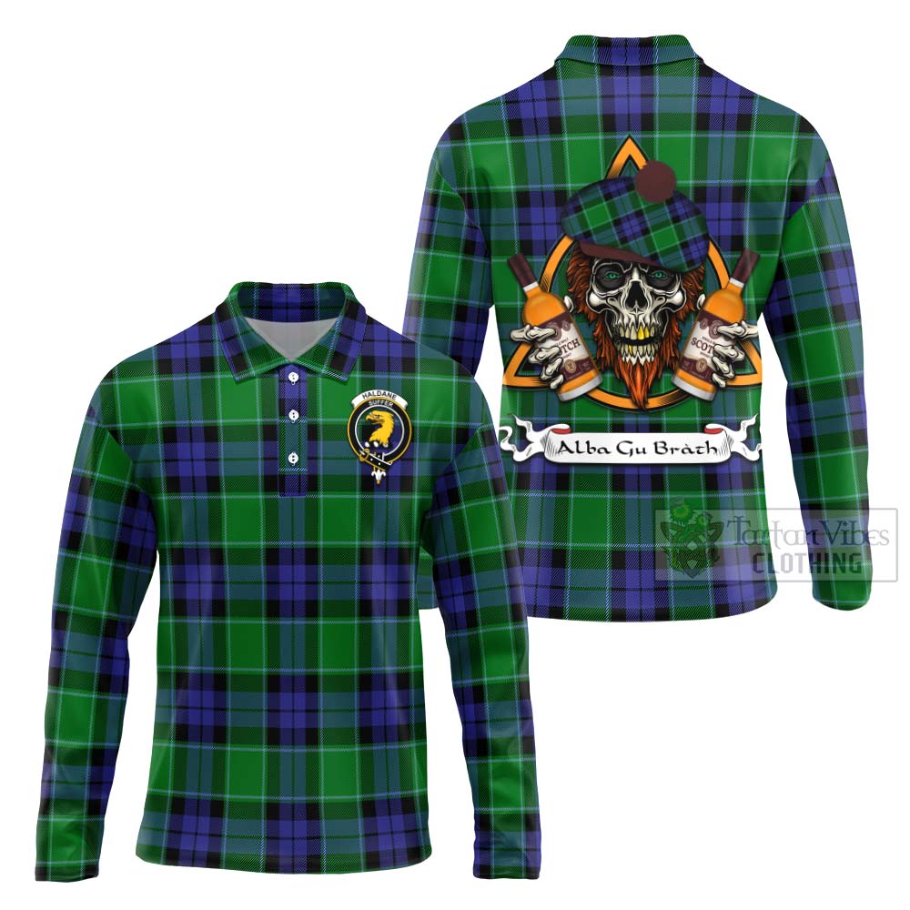 Tartan Vibes Clothing Haldane Tartan Long Sleeve Polo Shirt with Family Crest and Bearded Skull Holding Bottles of Whiskey