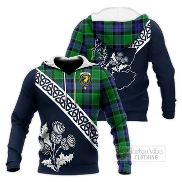 Haldane Tartan Knitted Hoodie Featuring Thistle and Scotland Map