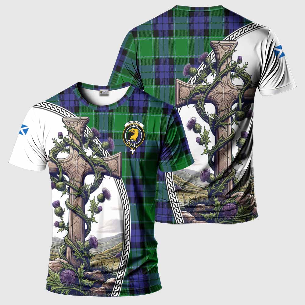 Tartan Vibes Clothing Haldane Agnew Tartan T-Shirt with Family Crest and St. Andrew's Cross Accented by Thistle Vines