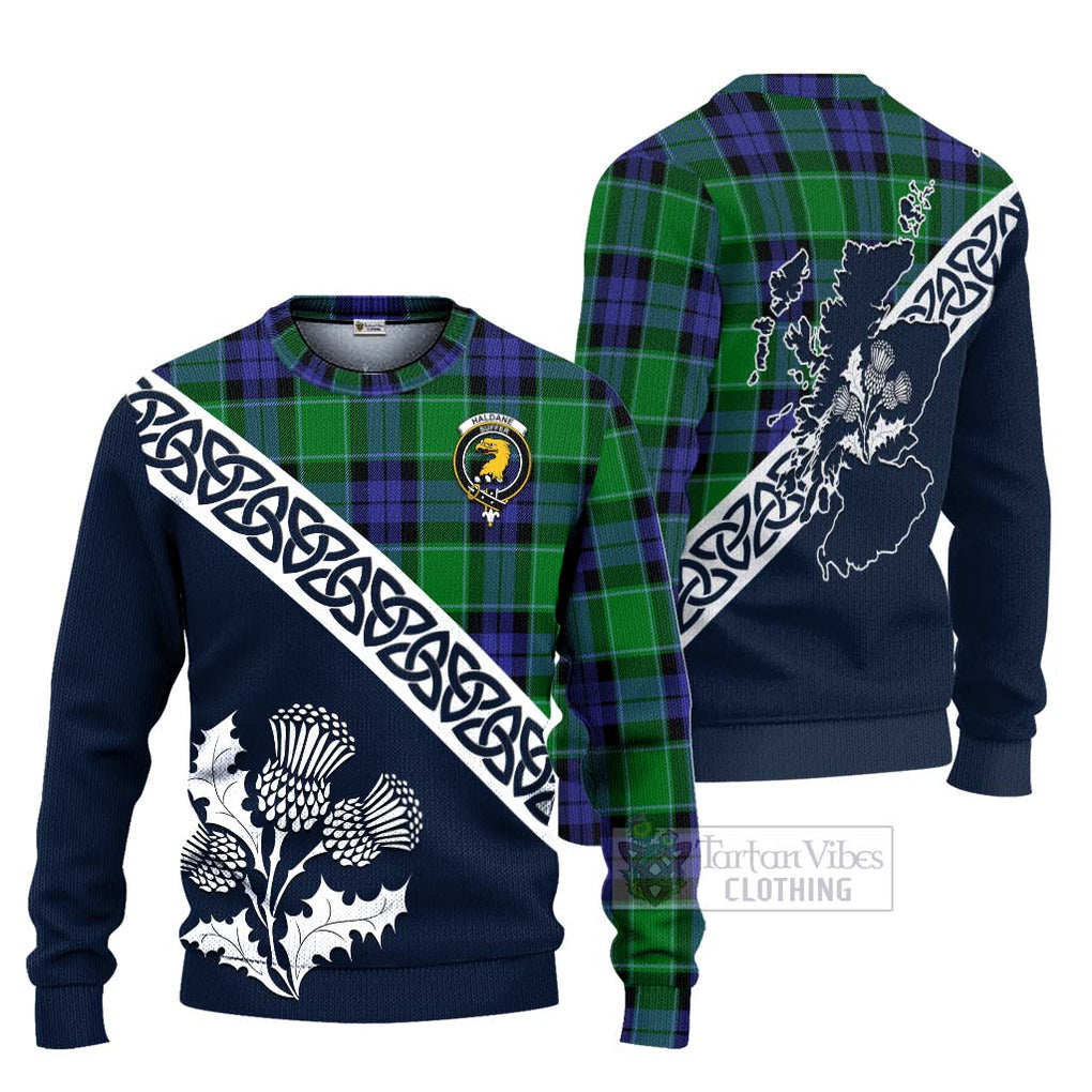 Tartan Vibes Clothing Haldane Tartan Knitted Sweater Featuring Thistle and Scotland Map