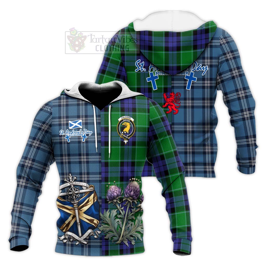 Tartan Vibes Clothing Haldane Tartan Knitted Hoodie Happy St. Andrew's Day Half Tartan Style