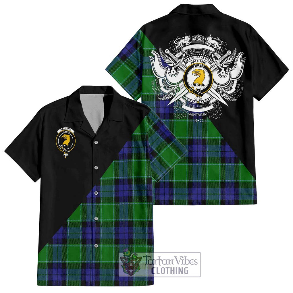 Haldane Tartan Short Sleeve Button Shirt with Family Crest and Military Logo Style Kid - Tartanvibesclothing Shop