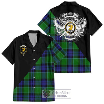 Haldane Tartan Short Sleeve Button Shirt with Family Crest and Military Logo Style