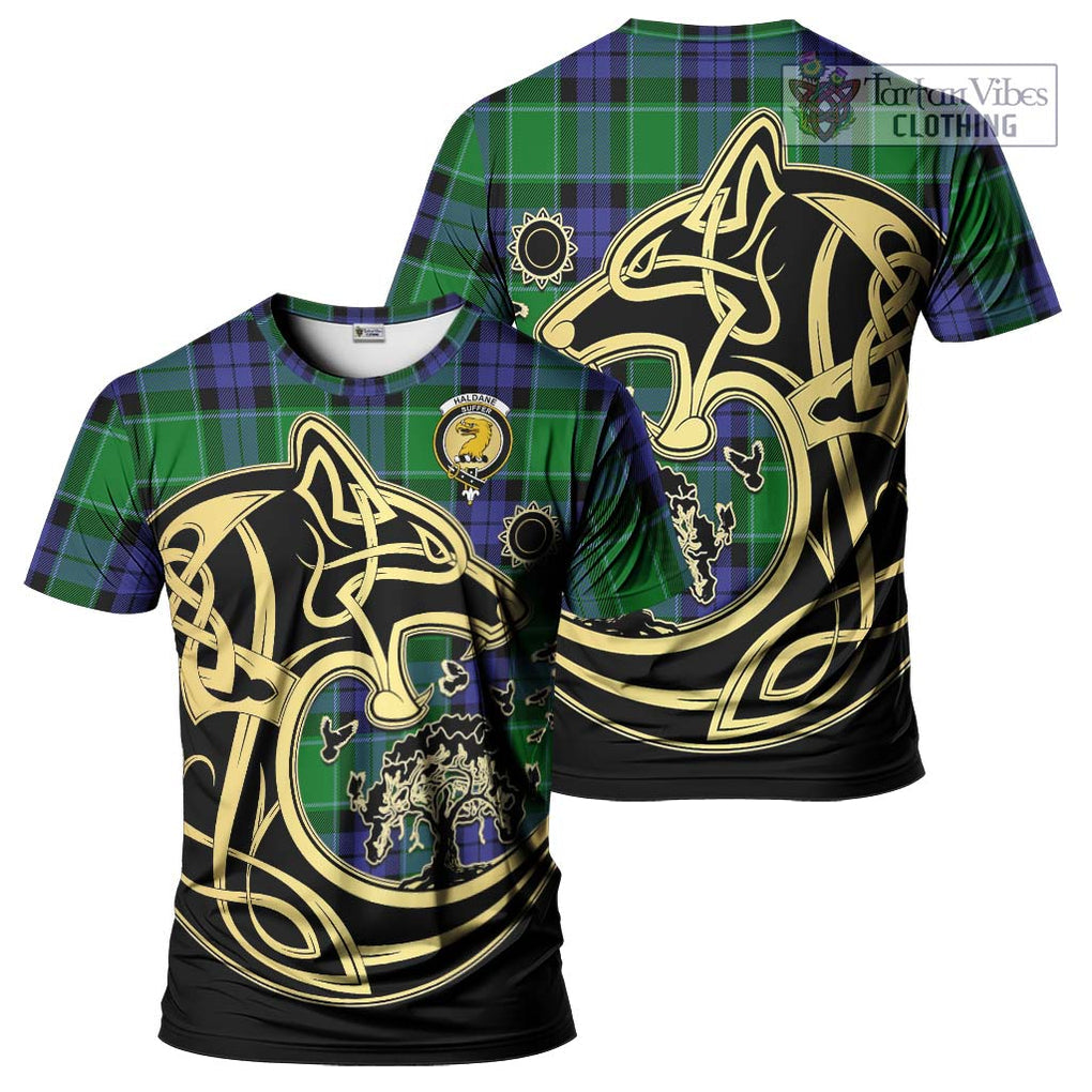 Haldane Tartan T-Shirt with Family Crest Celtic Wolf Style Kid's Shirt - Tartan Vibes Clothing