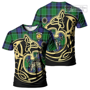 Haldane Tartan T-Shirt with Family Crest Celtic Wolf Style