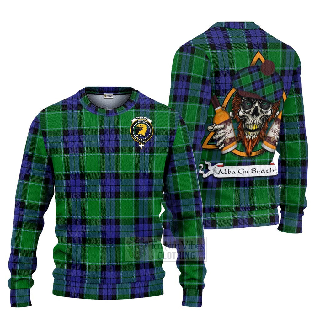 Tartan Vibes Clothing Haldane Tartan Knitted Sweater with Family Crest and Bearded Skull Holding Bottles of Whiskey