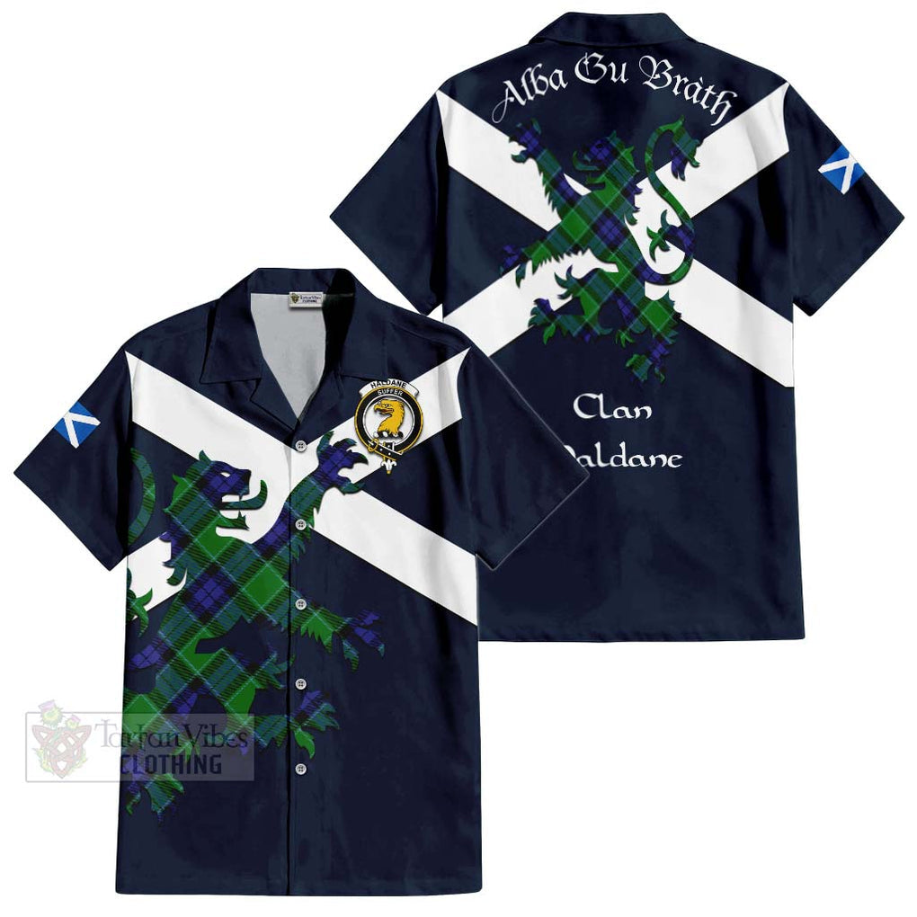 Tartan Vibes Clothing Haldane Tartan Lion Rampant Short Sleeve Button Shirt – Proudly Display Your Heritage with Alba Gu Brath and Clan Name