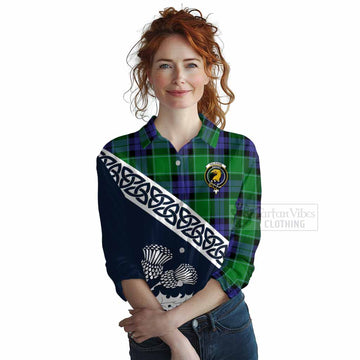 Haldane Tartan Women's Casual Shirt Featuring Thistle and Scotland Map