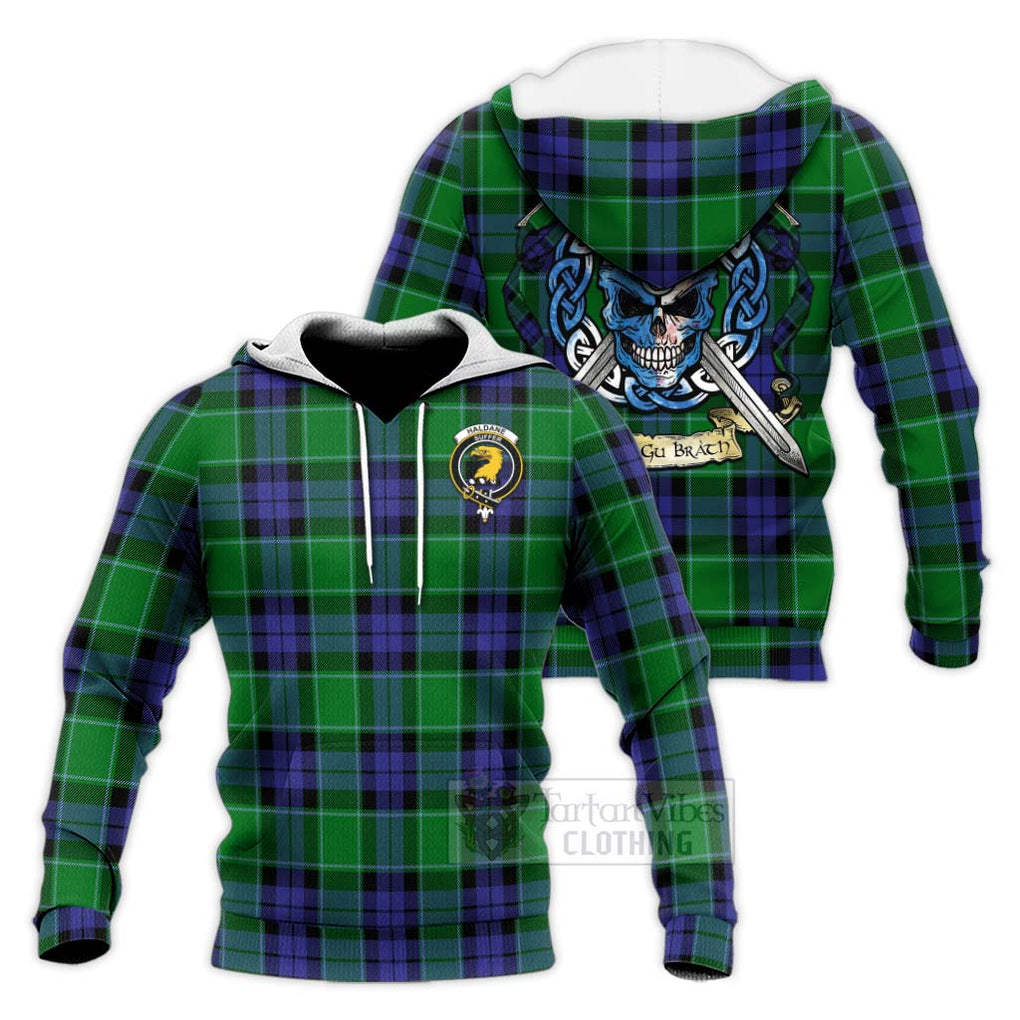 Tartan Vibes Clothing Haldane Tartan Knitted Hoodie with Family Crest Celtic Skull Style