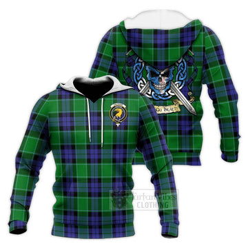 Haldane Tartan Knitted Hoodie with Family Crest Celtic Skull Style