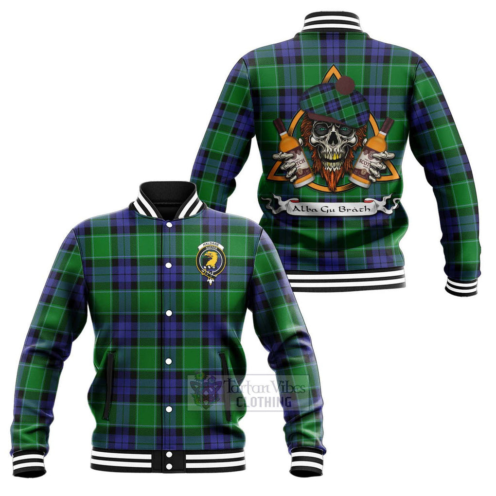 Tartan Vibes Clothing Haldane Tartan Baseball Jacket with Family Crest and Bearded Skull Holding Bottles of Whiskey