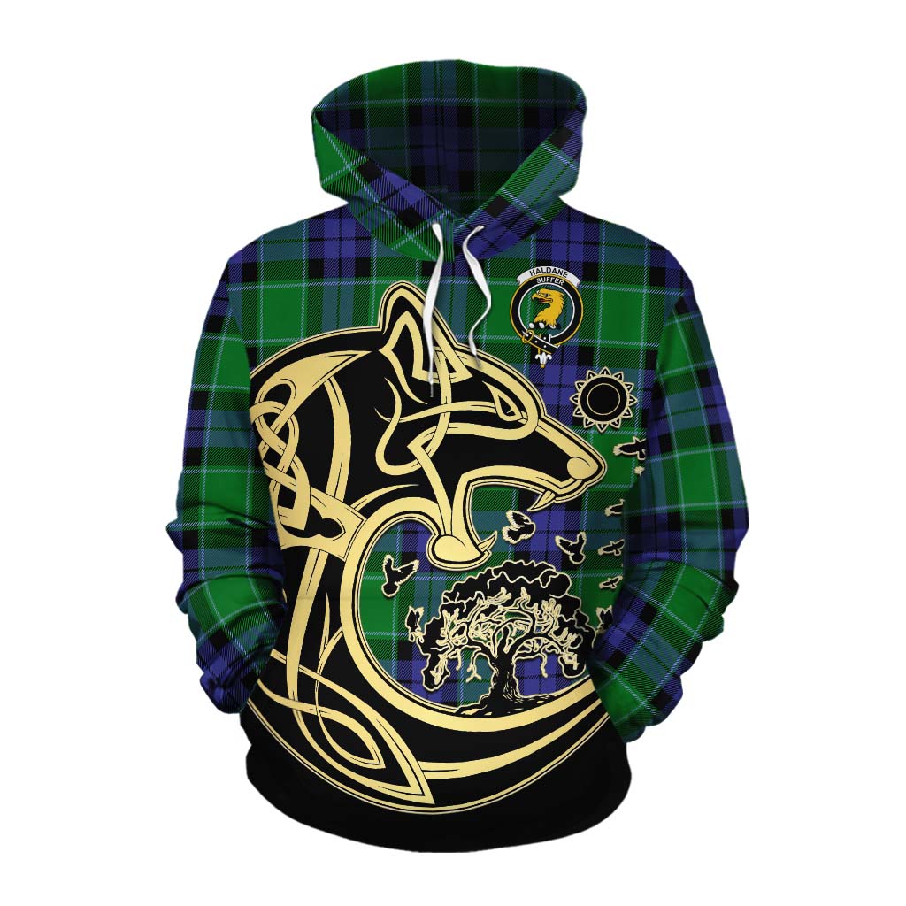 Tartan Vibes Clothing Haldane Tartan Cotton Hoodie with Family Crest Celtic Wolf Style