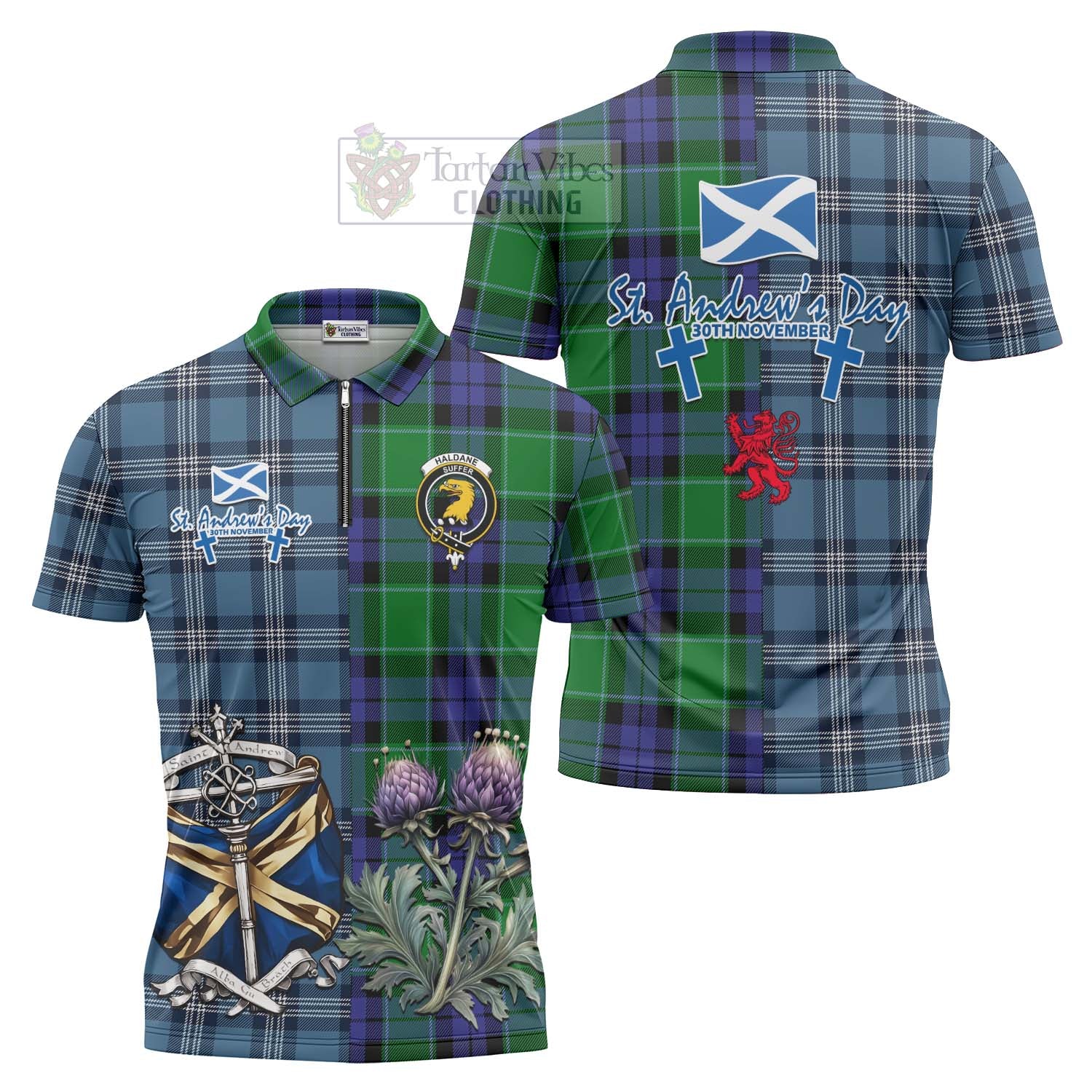 Tartan Vibes Clothing Haldane Tartan Zipper Polo Shirt Happy St. Andrew's Day Half Tartan Style