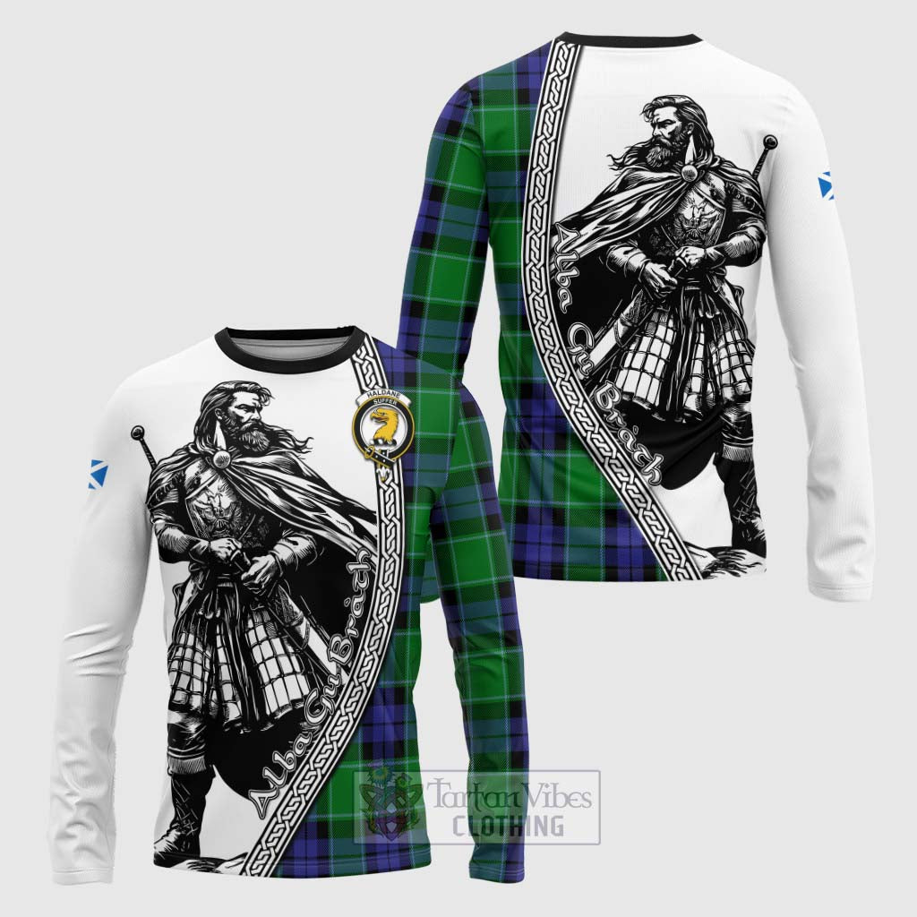 Tartan Vibes Clothing Haldane Tartan Clan Crest Long Sleeve T-Shirt with Highlander Warrior Celtic Style