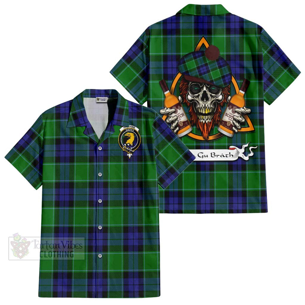 Tartan Vibes Clothing Haldane Tartan Short Sleeve Button Shirt with Family Crest and Bearded Skull Holding Bottles of Whiskey