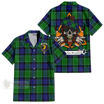 Haldane Tartan Short Sleeve Button Shirt with Family Crest and Bearded Skull Holding Bottles of Whiskey