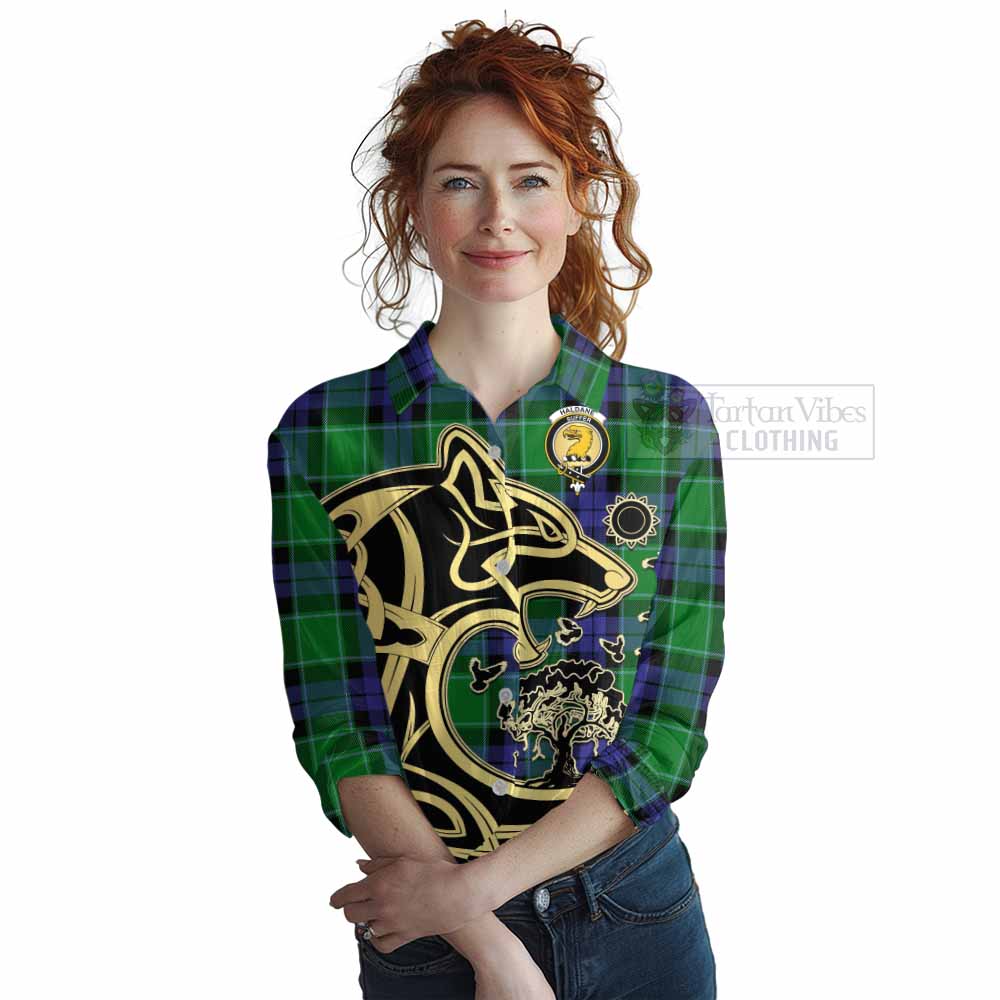 Tartan Vibes Clothing Haldane Tartan Women's Casual Shirt with Family Crest Celtic Wolf Style