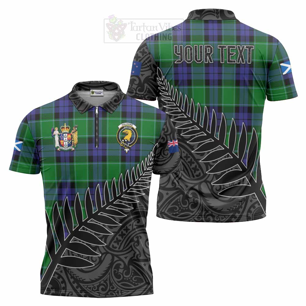 Tartan Vibes Clothing Haldane Crest Tartan Zipper Polo Shirt with New Zealand Silver Fern Half Style