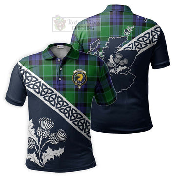 Haldane Tartan Polo Shirt Featuring Thistle and Scotland Map