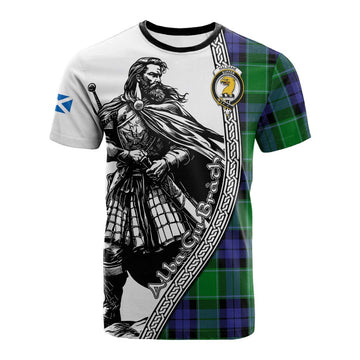 Haldane Tartan Clan Crest Cotton T-shirt with Highlander Warrior Celtic Style