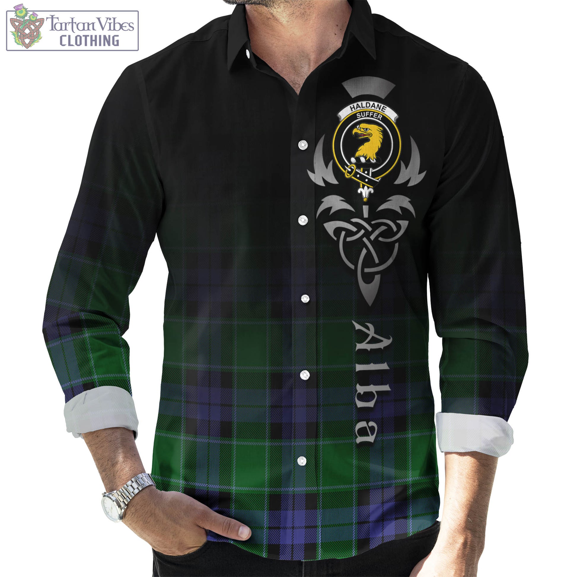 Tartan Vibes Clothing Haldane Tartan Long Sleeve Button Up Featuring Alba Gu Brath Family Crest Celtic Inspired