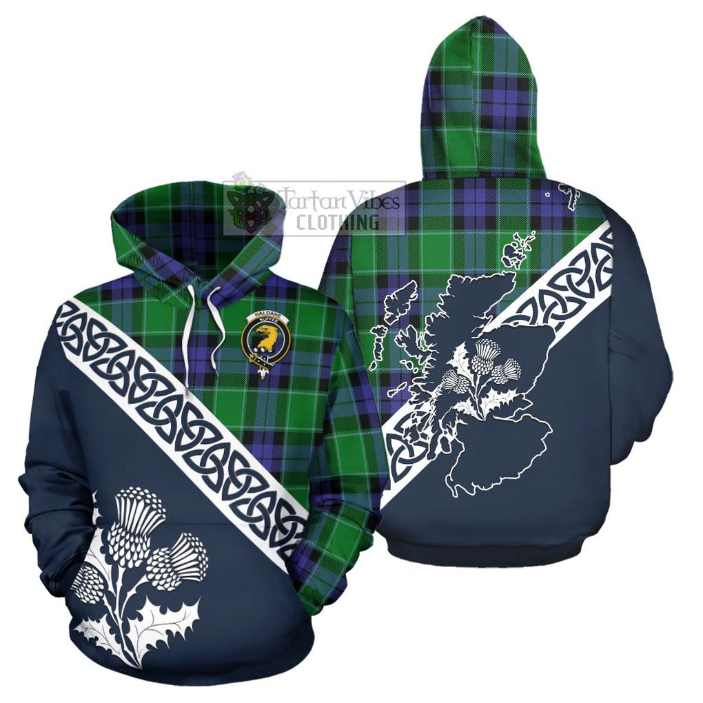 Tartan Vibes Clothing Haldane Tartan Hoodie Featuring Thistle and Scotland Map