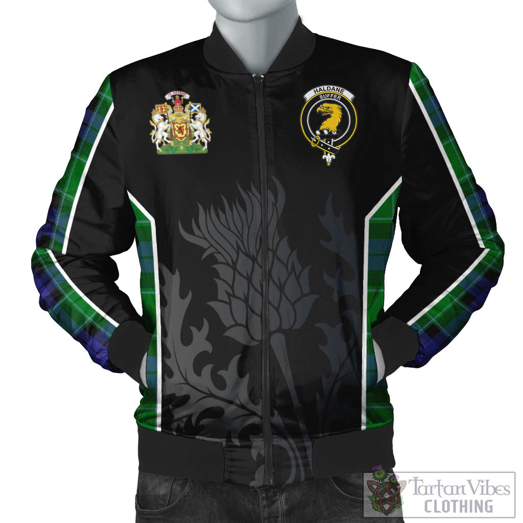 Tartan Vibes Clothing Haldane Tartan Bomber Jacket with Family Crest and Scottish Thistle Vibes Sport Style