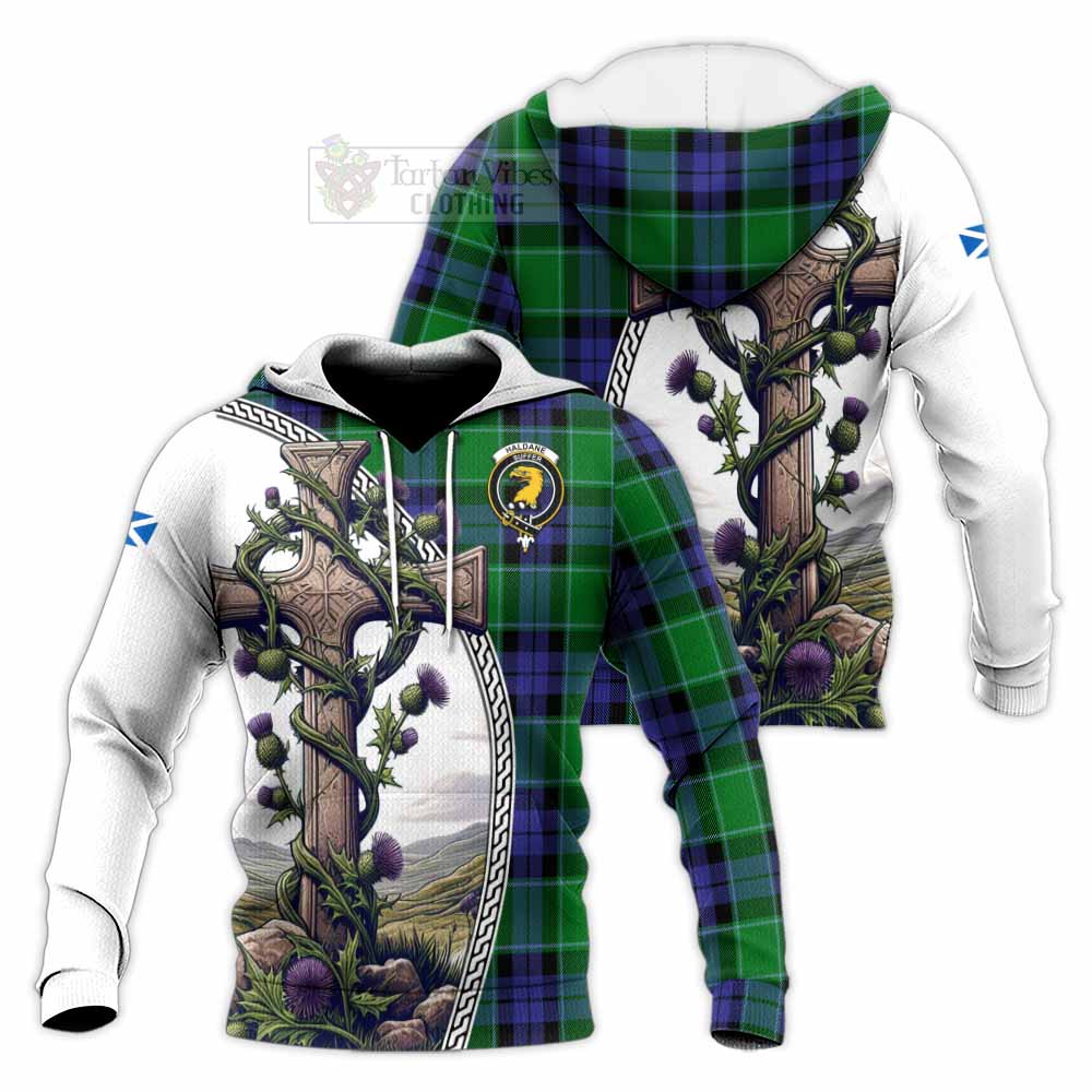 Tartan Vibes Clothing Haldane Tartan Knitted Hoodie with Family Crest and St. Andrew's Cross Accented by Thistle Vines