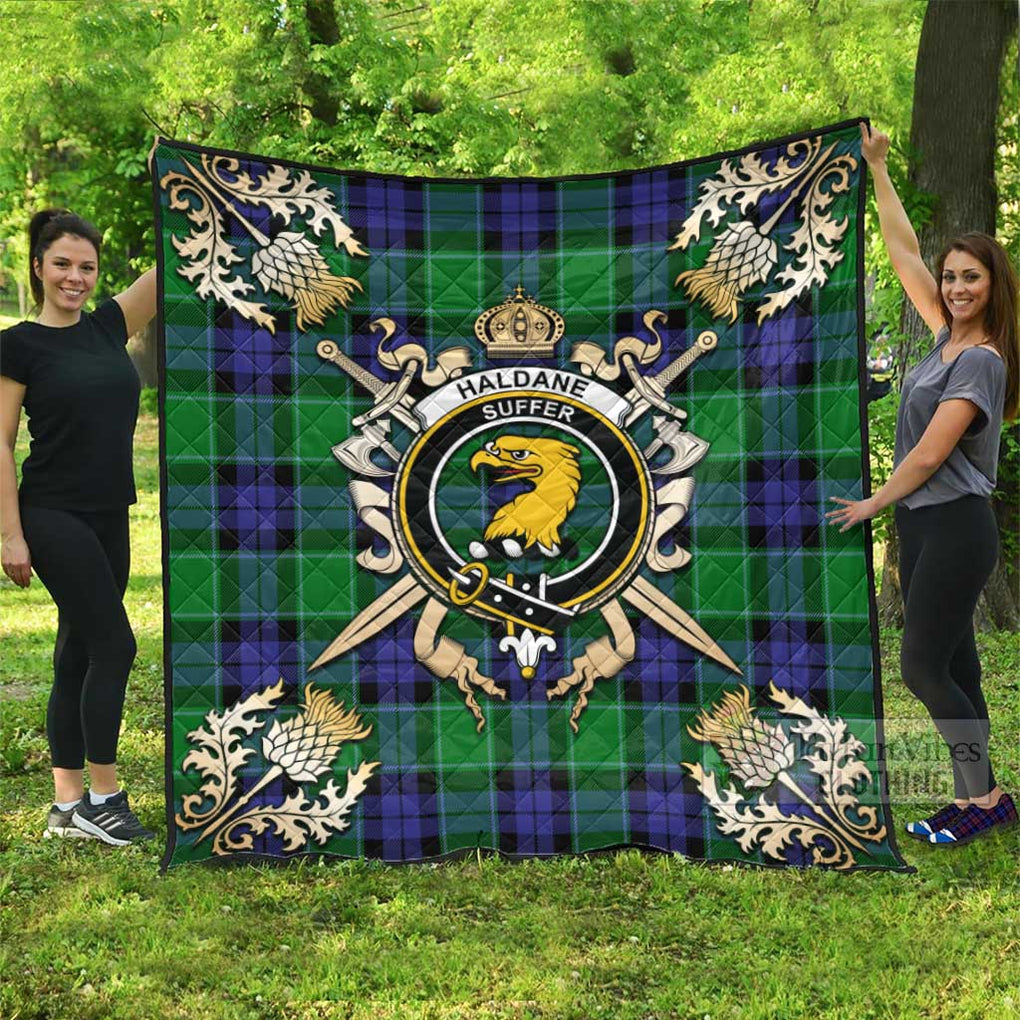 Tartan Vibes Clothing Haldane Tartan Quilt with Family Crest and Scottish Golden Courage Shield