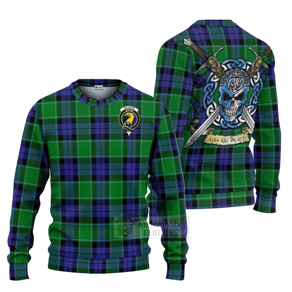 Tartan Vibes Clothing Haldane Tartan Knitted Sweater with Family Crest Celtic Skull Style