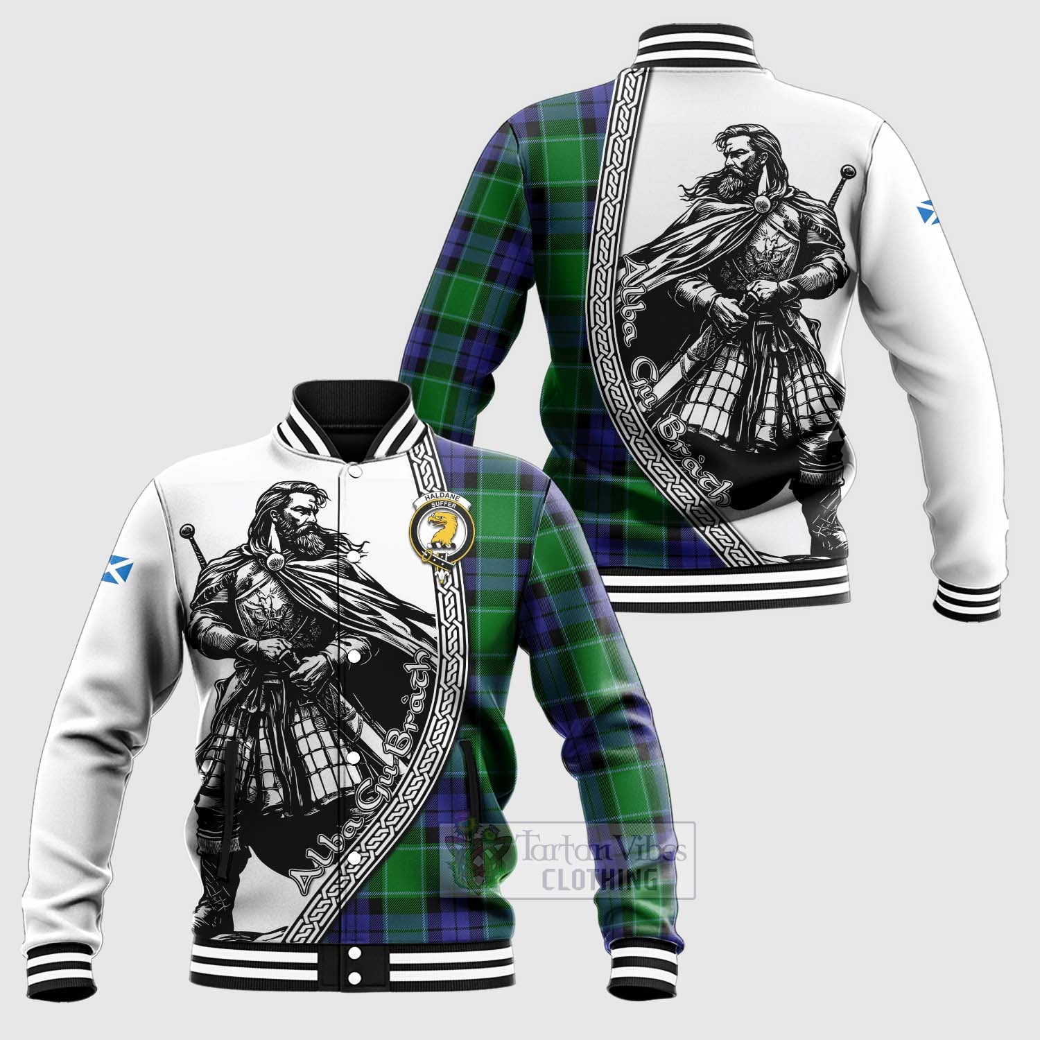 Tartan Vibes Clothing Haldane Tartan Clan Crest Baseball Jacket with Highlander Warrior Celtic Style