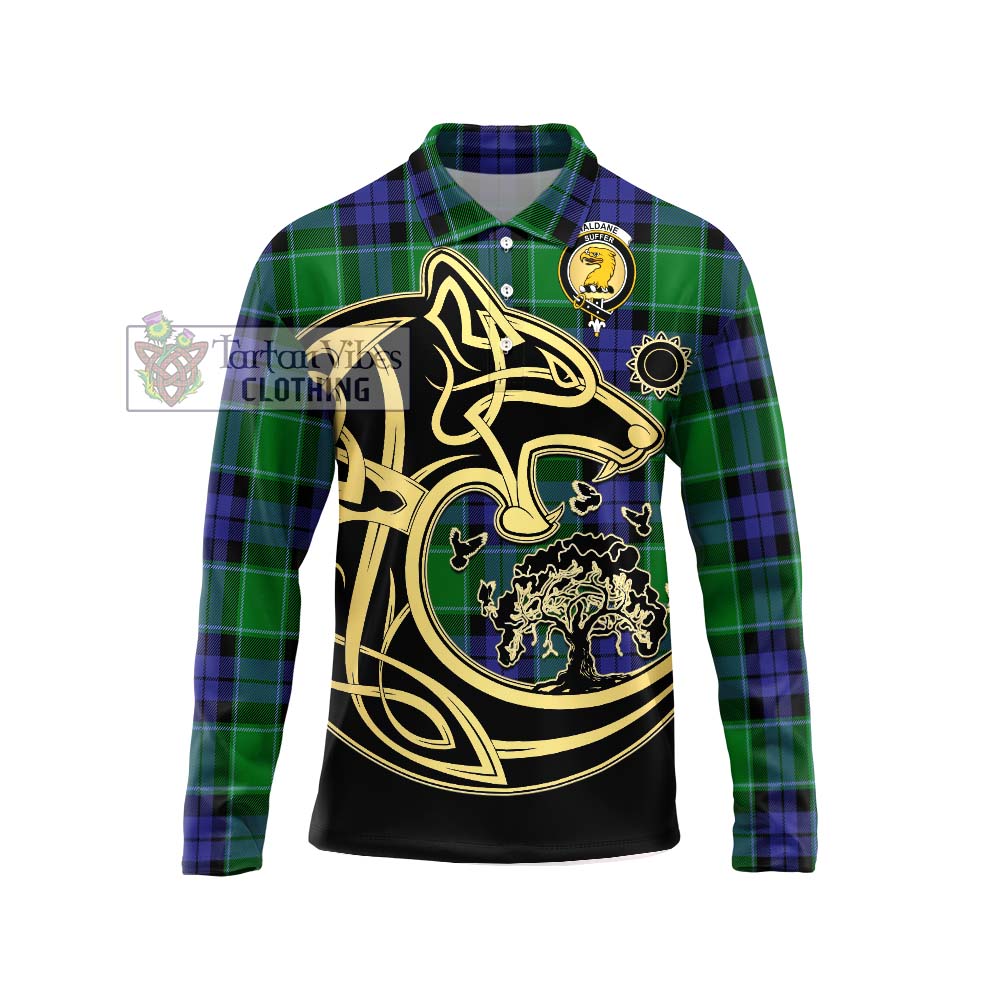 Haldane Tartan Long Sleeve Polo Shirt with Family Crest Celtic Wolf Style Unisex - Tartanvibesclothing Shop