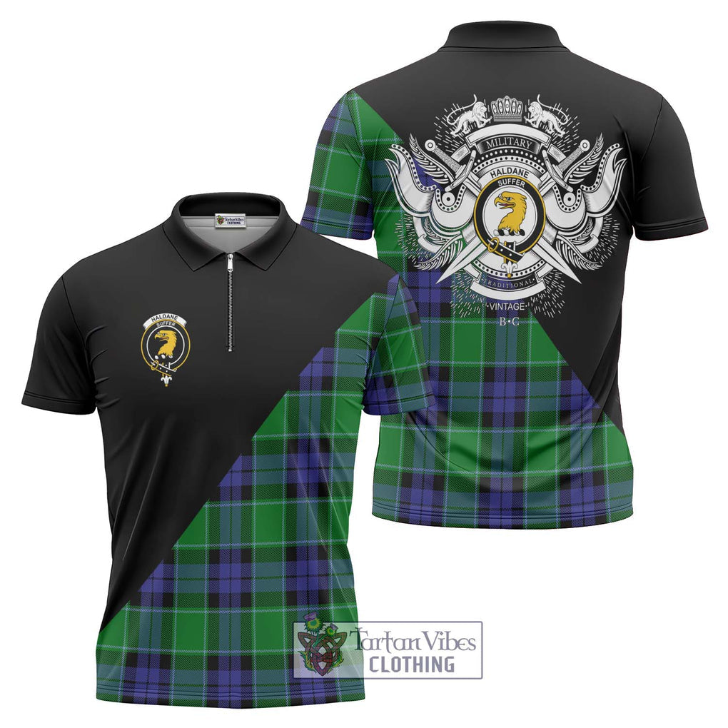 Haldane Tartan Zipper Polo Shirt with Family Crest and Military Logo Style Unisex - Tartanvibesclothing Shop