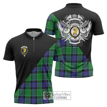 Haldane Tartan Zipper Polo Shirt with Family Crest and Military Logo Style