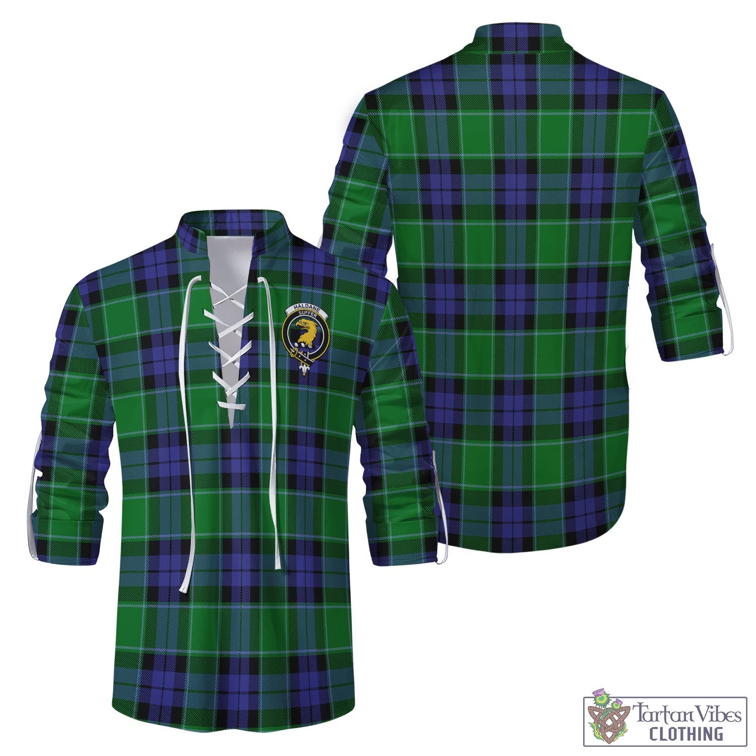 Tartan Vibes Clothing Haldane Tartan Men's Scottish Traditional Jacobite Ghillie Kilt Shirt with Family Crest