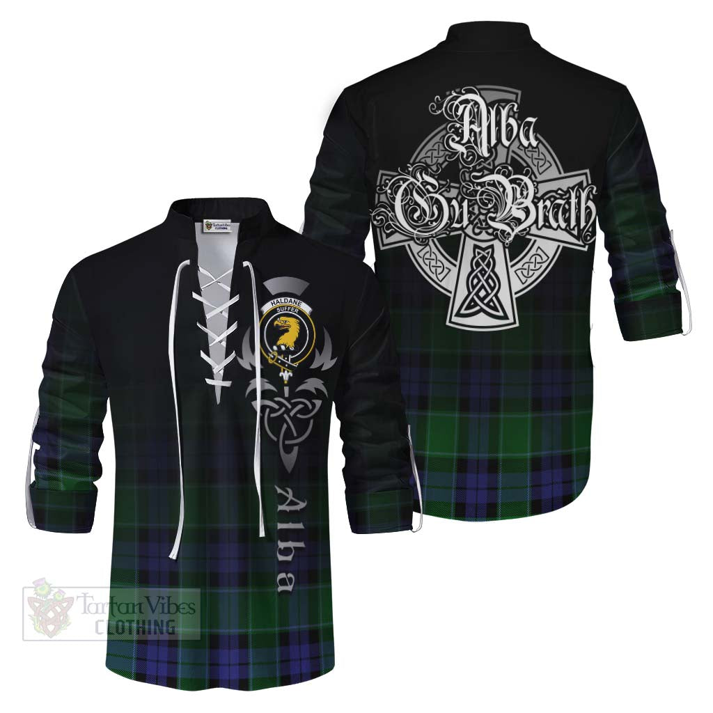 Tartan Vibes Clothing Haldane Tartan Ghillie Kilt Shirt Featuring Alba Gu Brath Family Crest Celtic Inspired