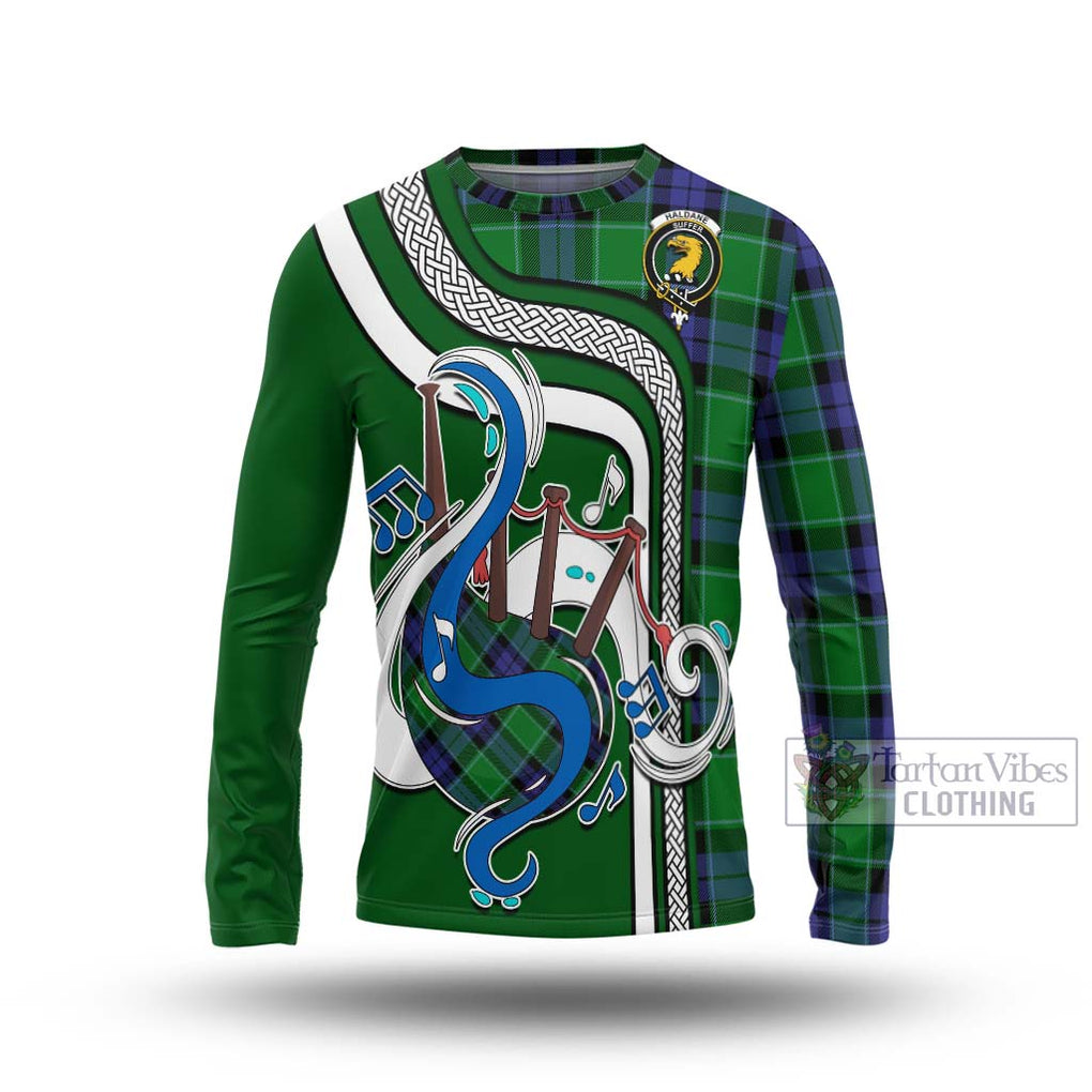 Tartan Vibes Clothing Haldane Tartan Long Sleeve T-Shirt with Epic Bagpipe Style