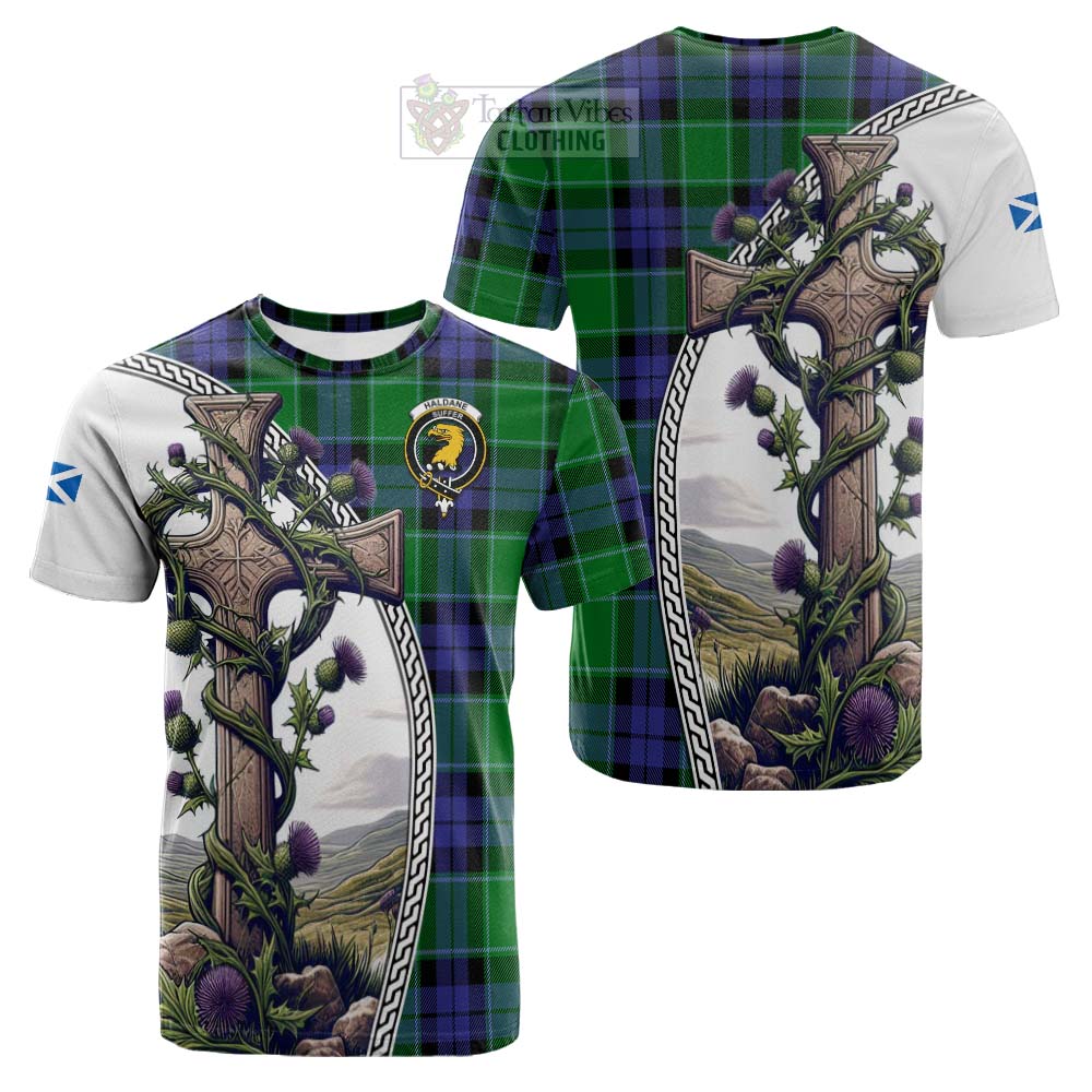 Tartan Vibes Clothing Haldane Tartan Cotton T-shirt with Family Crest and St. Andrew's Cross Accented by Thistle Vines