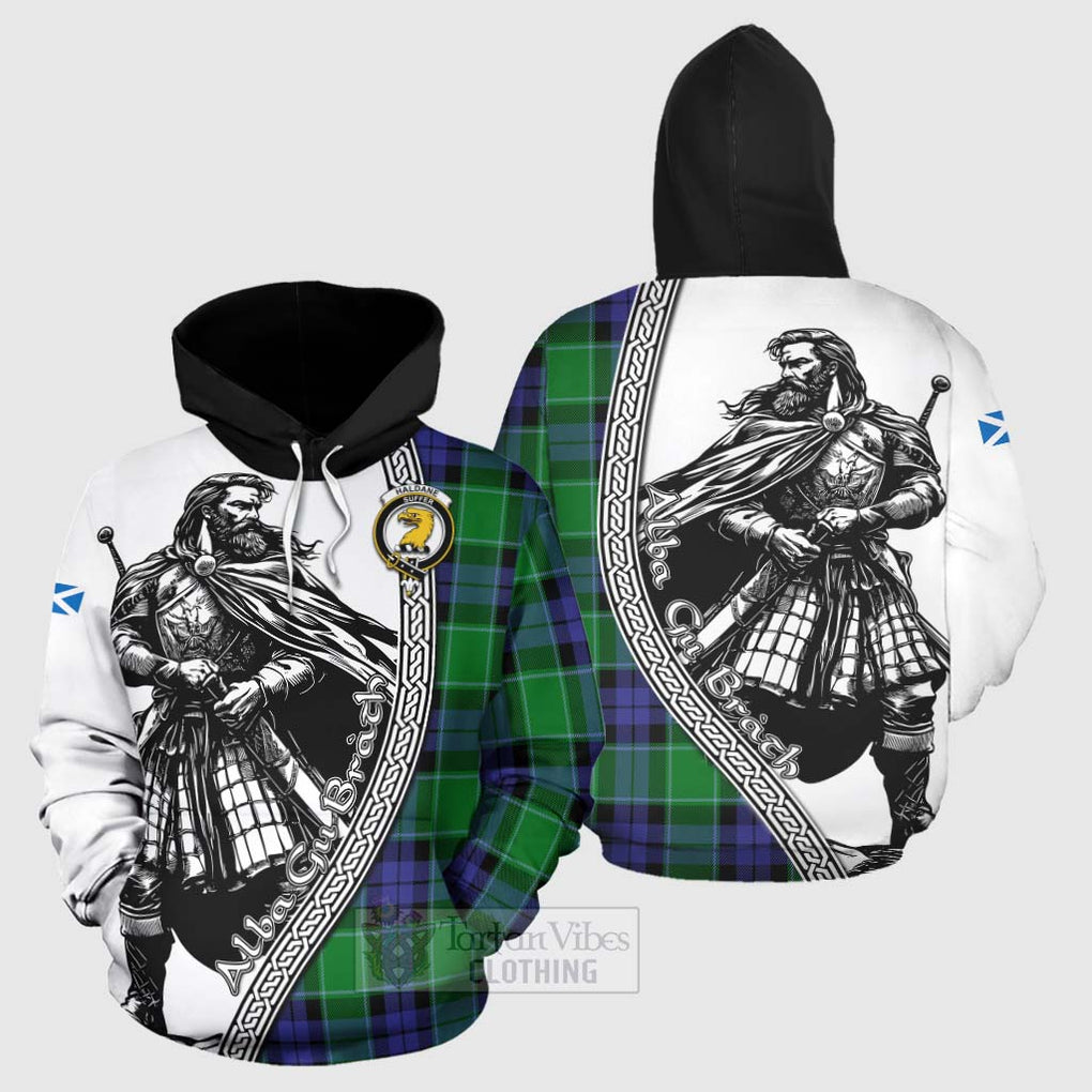 Tartan Vibes Clothing Haldane Tartan Clan Crest Hoodie with Highlander Warrior Celtic Style