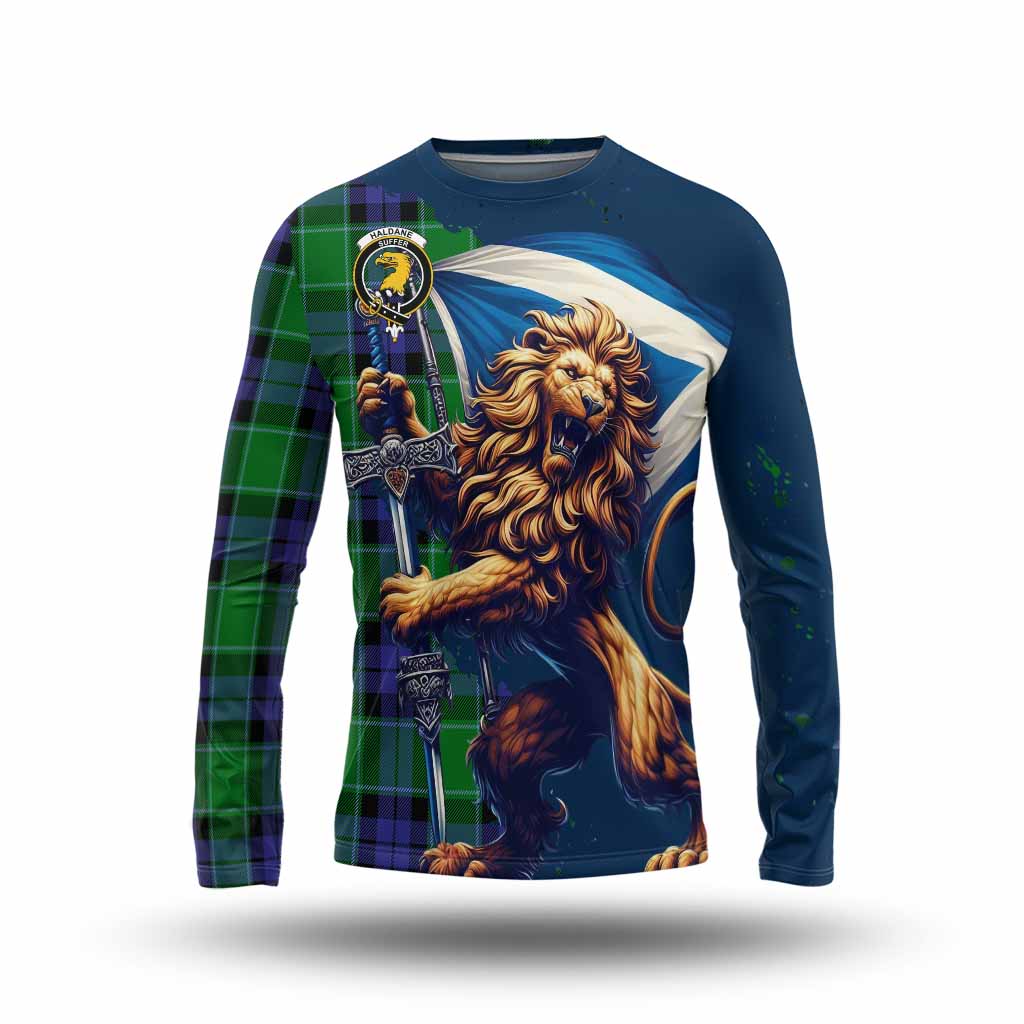 Tartan Vibes Clothing Haldane Tartan Family Crest Long Sleeve T-Shirt with Scottish Majestic Lion