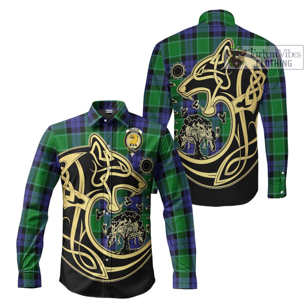 Haldane Tartan Long Sleeve Button Shirt with Family Crest Celtic Wolf Style Men's Shirt S - Tartan Vibes Clothing