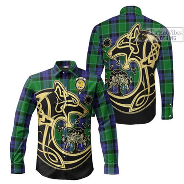 Haldane Tartan Long Sleeve Button Shirt with Family Crest Celtic Wolf Style