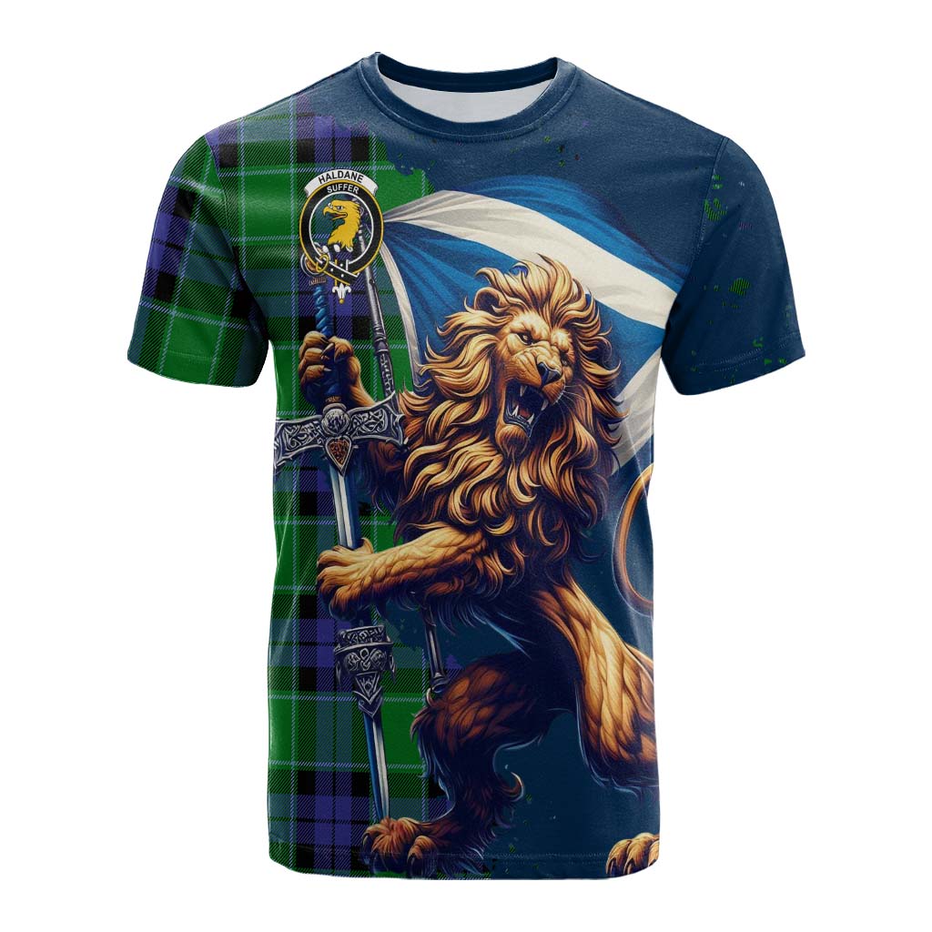 Tartan Vibes Clothing Haldane Tartan Family Crest Cotton T-shirt with Scottish Majestic Lion