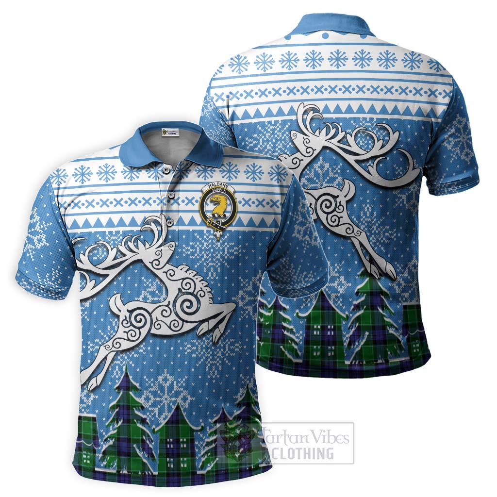 Tartan Vibes Clothing Haldane Clan Christmas Polo Shirt Celtic Reindeer Style